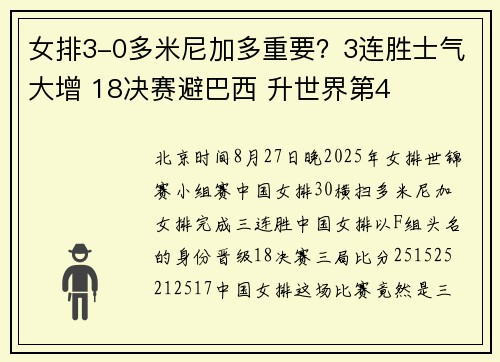 女排3-0多米尼加多重要？3连胜士气大增 18决赛避巴西 升世界第4