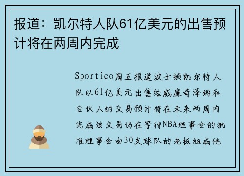 报道：凯尔特人队61亿美元的出售预计将在两周内完成